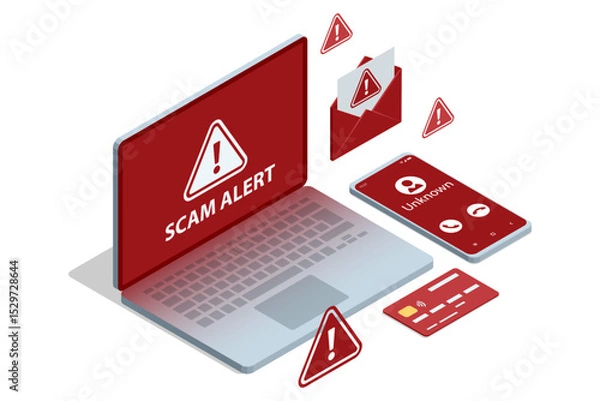 Obraz Isometric illustration of a laptop flashing Scam Alert, a red-flagged email, an unknown-call smartphone and credit card visualizing phishing threats and hacker fraud. Phishing attack