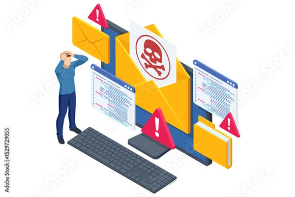 Obraz Isometric scene of a shocked user beside a giant malware-marked envelope erupting code windows and red warning triangles, depicting a hacker s phishing breach. Phishing attack
