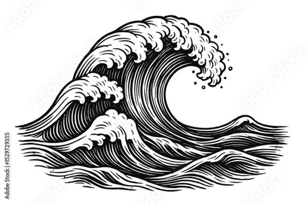 Fototapeta Great wave illustration in Japanese vintage woodcut style. Ocean sea storm with big waves. Ukiyo-e monochrome vector drawing. Black and white linocut art for tattoo or print.