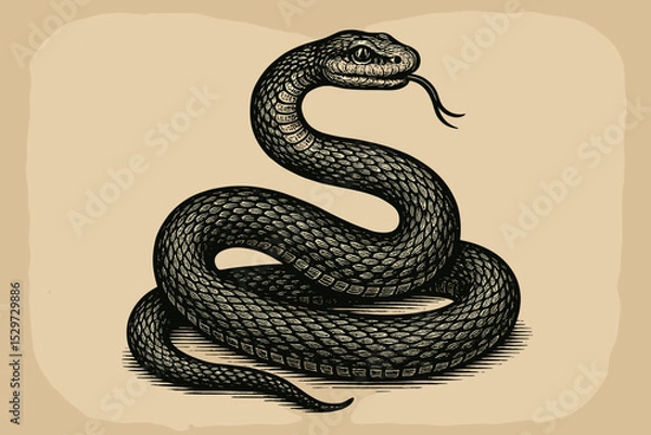 Fototapeta Vintage snake illustration in a detailed woodcut engraving style. Coiled black serpent reptile with forked tongue. Mythological animal drawing for tattoo, logo or occult design.