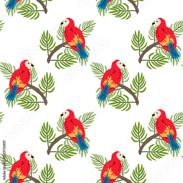 Fototapeta Tropical parrot pattern with green foliage for nature and wildlife design.