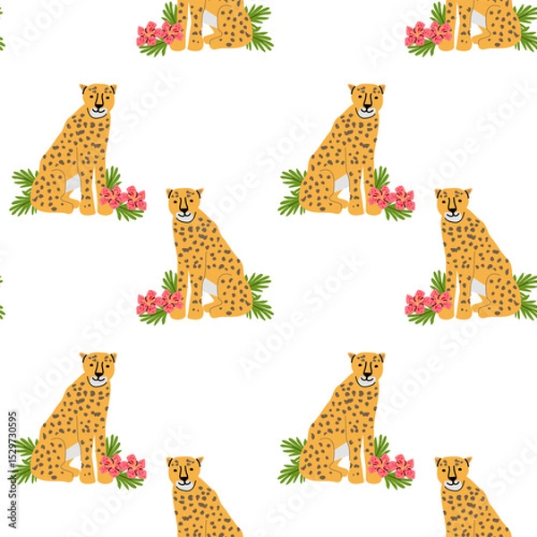 Fototapeta Vibrant cheetahs with tropical flowers and leaves pattern for decorative design.