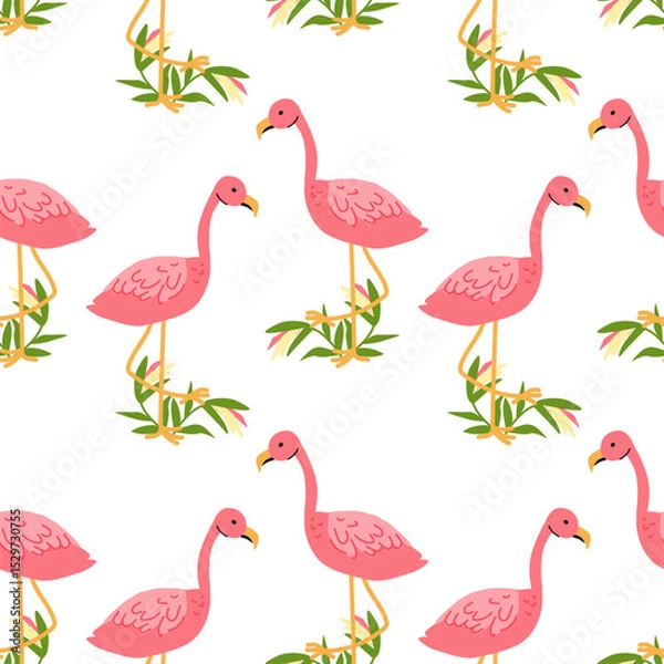 Fototapeta Tropical flamingo pattern with bird of paradise elements for textile design.