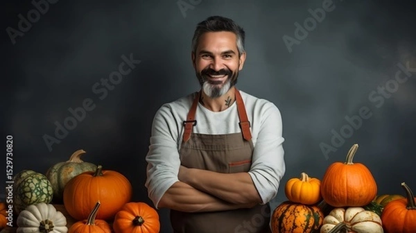 Fototapeta Portrait of smiling man with pumpkins for halloween or thanksgiving autumn harvest season concept design