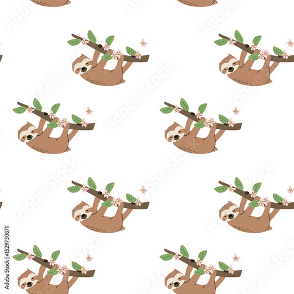 Fototapeta Tropical sloth pattern with butterflies and leaves for nature-inspired design.