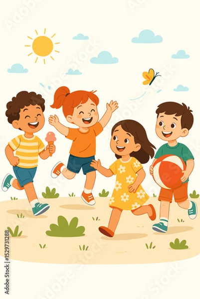 Fototapeta Happy diverse children playing outdoors in summer. Kids running in the park with a ball and ice cream. Cartoon vector illustration of childhood friendship and fun on a sunny day.