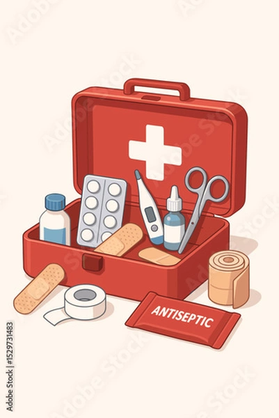 Fototapeta Red first aid kit vector illustration. Open medical box with emergency supplies like pills, bandages, thermometer, and scissors. Healthcare and medicine concept for survival and treatment.