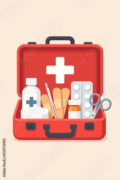 Fototapeta First aid kit vector illustration. Red medical box open with emergency supplies. Healthcare and medicine concept with bandage, pills, scissors, and thermometer for urgent treatment.