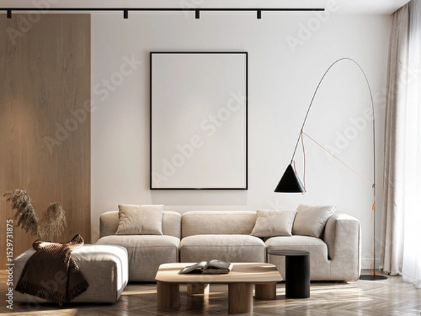 Fototapeta Frame mockup, ISO A paper size. Living room wall poster mockup. Interior mockup with house background. Modern interior design. 3D render
