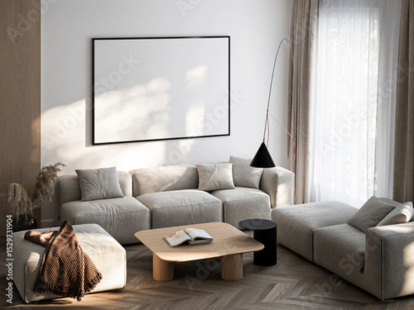 Fototapeta Frame mockup, ISO A paper size. Living room wall poster mockup. Interior mockup with house background. Modern interior design. 3D render
