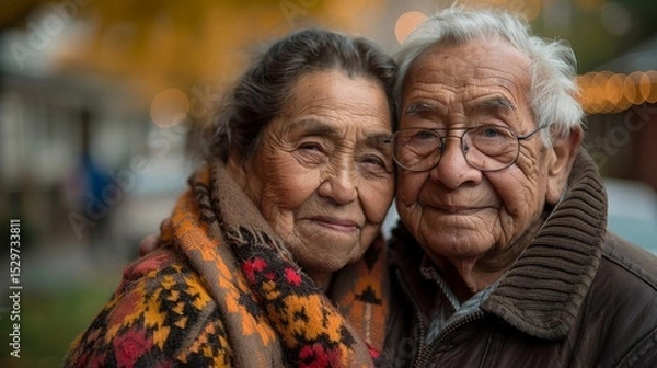 Obraz A heartwarming portrait of an elderly couple embracing, their genuine smiles and affectionate expressions highlighting a lifelong bond, love, and companionship in their golden years.
