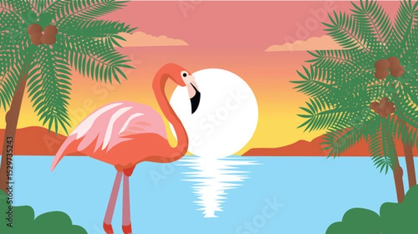 Obraz flamingo standing in water at sunset with palm trees and a glowing sun in the background