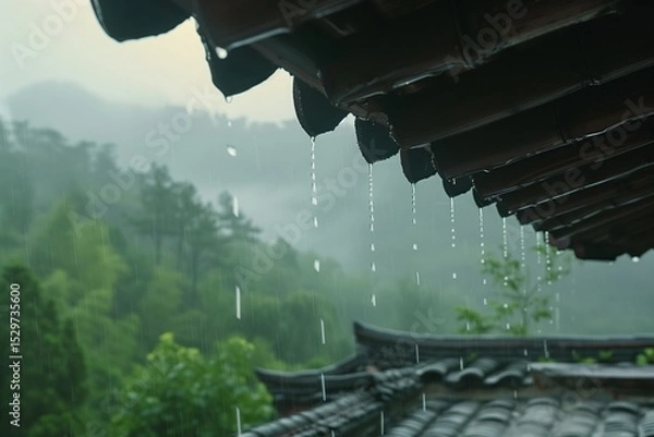 Fototapeta Serene Rainfall over Traditional Eaves in a Misty Mountain Landscape