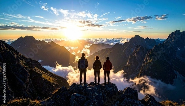 Obraz Hikers Enjoying a Mountain Peak Sunset Above the Clouds