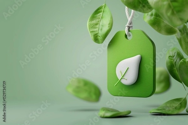 Fototapeta Eco-Friendly Label with Green Leaves and Tag Symbolizing Sustainability on a Soft Green Background