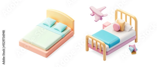Obraz Isometric Wooden Bed Illustration on a Transparent Background