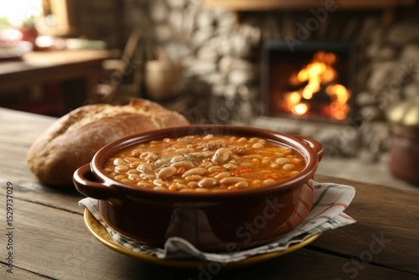 Fototapeta Warm and hearty stew simmering by a cozy fireplace on a chilly evening in a rustic kitchen