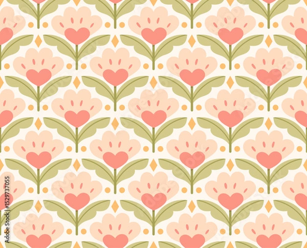 Obraz Modern cute floral art deco seamless pattern. Vector damask illustration with leaves. Decorative botanical background.