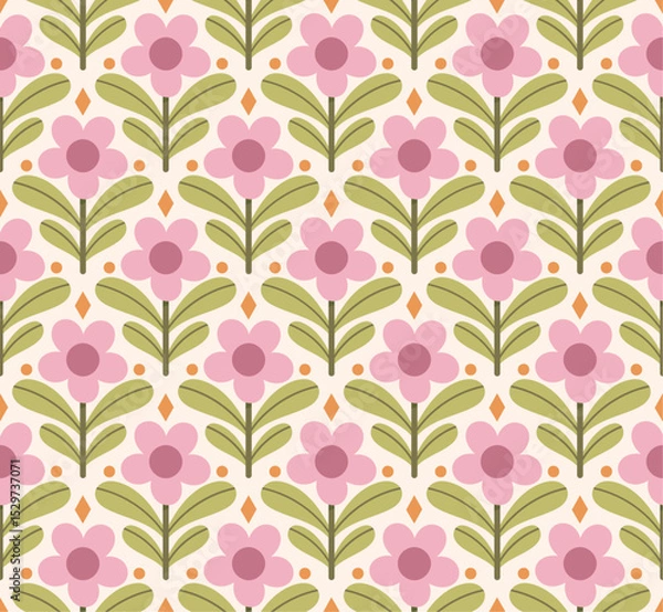Obraz Modern cute floral art deco seamless pattern. Vector damask illustration with leaves. Decorative botanical background.