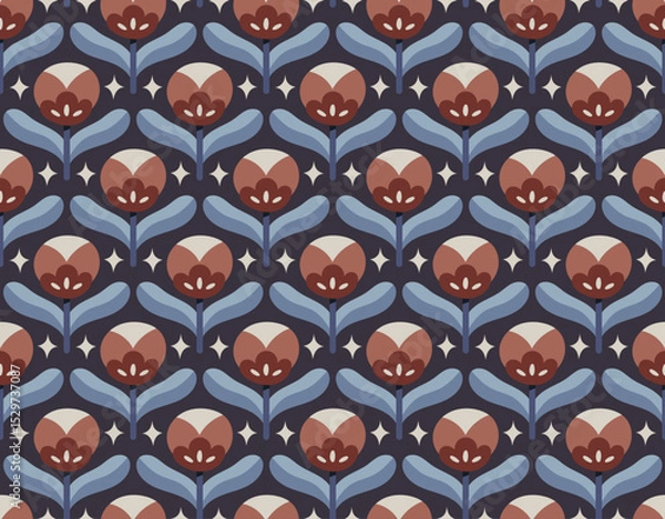 Obraz Modern cute floral art deco seamless pattern. Vector damask illustration with leaves. Decorative botanical background.