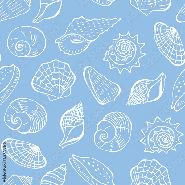 Fototapeta Shells seamless pattern. Hand drawn seashells on blue background.