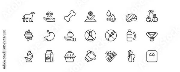Fototapeta This editable stroke icon set features 21 clean and minimal line icons focused on pet treats and animal care. Including symbols of pet nutrition, digestion, hygiene, natural ingredients, lab testing.