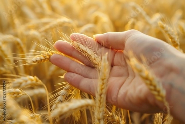 Fototapeta Hand Gently Holding Golden Wheat in Sunlit Field, Embracing Nature's Golden Harvest