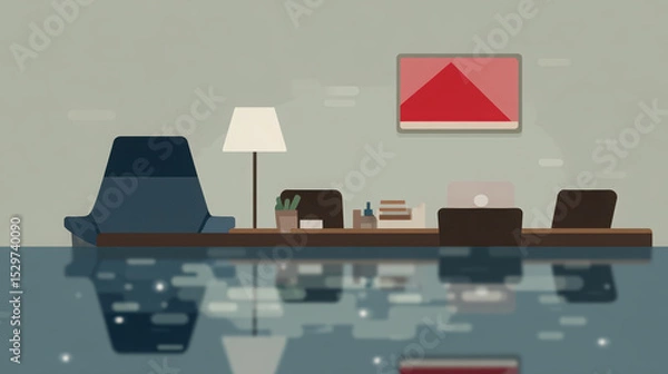 Fototapeta Serene CEO workspace featuring modern desk, comfortable chair, and decorative elements, creating calm and productive atmosphere. reflection adds unique touch to design