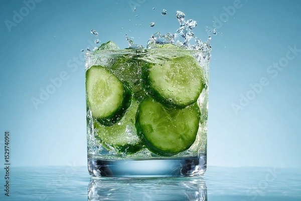 Fototapeta Refreshing cucumber water splashing in a glass against a light blue background on a sunny day