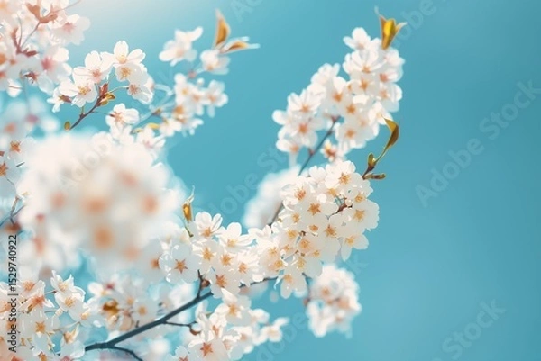 Fototapeta Delicate Cherry Blossoms Blooming Against a Vivid Blue Sky in a Serene Springtime Scene