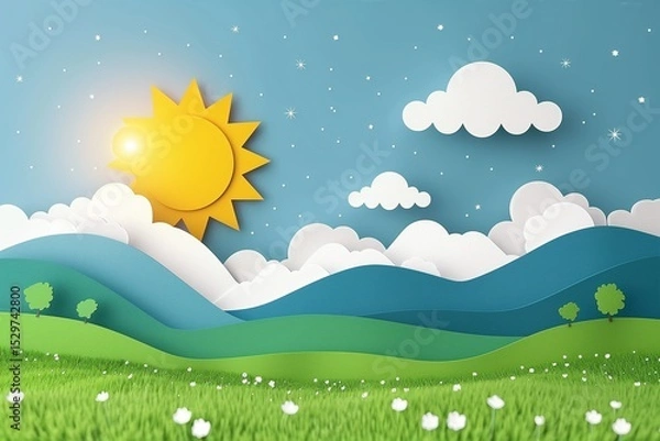 Fototapeta Charming Paper-Cut Landscape: Sunny Hills and Clouds Amidst a Starry Daytime Sky