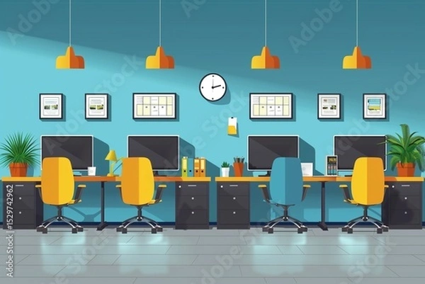 Fototapeta Bright, Modern Office Setup: Yellow Chairs and Blue Walls Create a Vibrant Workspace Ambiance