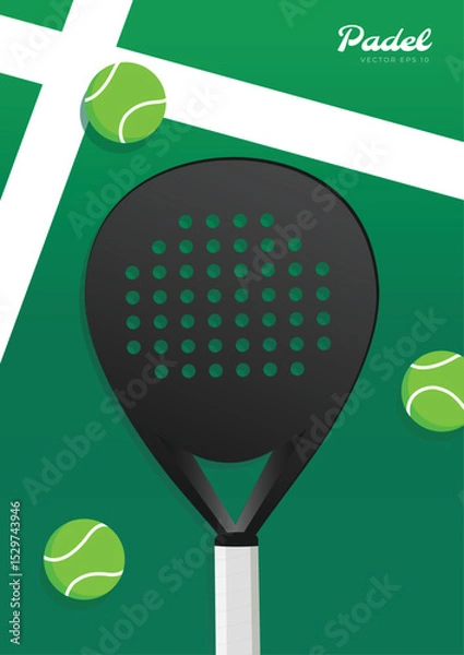 Obraz Padel court top view with rackets and balls. Sport background concept in flat vector illustration.