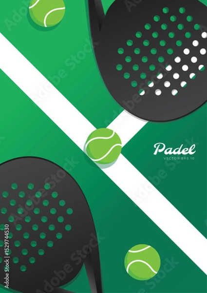 Obraz Padel court top view with rackets and balls. Sport background concept in flat vector illustration.