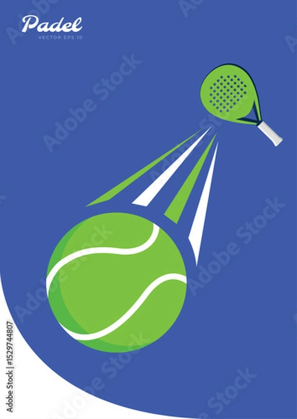 Obraz Padel racket hitting a green ball with a motion trail, dynamic flat illustration for padel sports content.