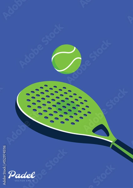Obraz Modern padel racket and ball vector. Blue background sports illustration for padel-themed content.