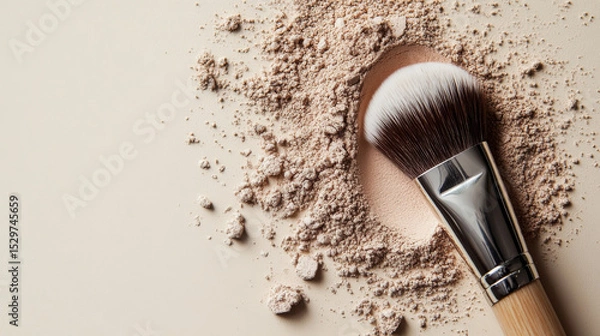 Fototapeta Soft-toned background showcasing a makeup brush and scattered loose powder in an elegant flat lay