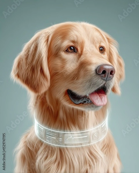 Fototapeta Pet emotion tracking with AI wearable device for real-time insights, A golden retriever with a high-tech collar showcasing its health. Pet owner using mobile app synced with AI collar