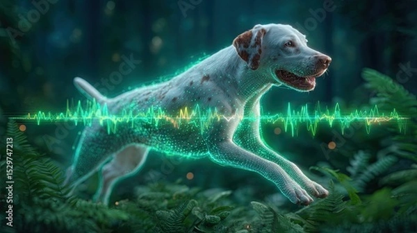 Obraz Pet emotion tracking with AI wearable device for real-time insights, A lively dog running through a forest with a glowing sound wave. Pet owner using mobile app synced with AI collar