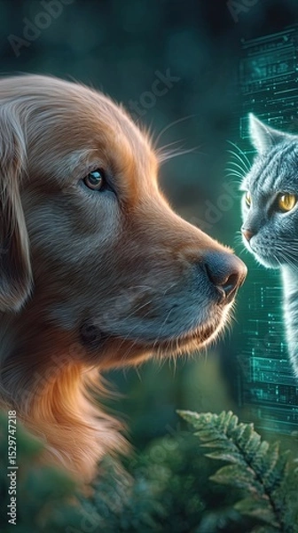 Fototapeta Pet emotion tracking with AI wearable device for real-time insights, A peaceful moment shared between a dog and a cat in nature. Pet owner using mobile app synced with AI collar