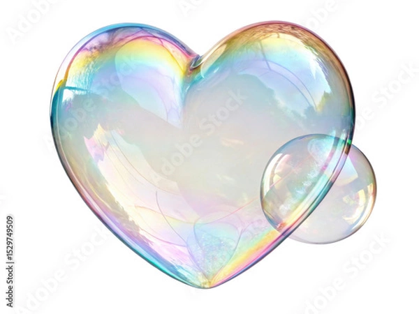 Fototapeta Beautiful heart shaped bubble reflects light in vibrant colors, creating mesmerizing display of soap and bubble artistry