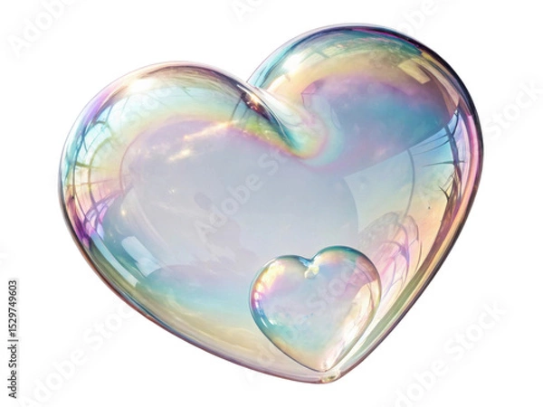 Fototapeta Beautiful heart shaped bubble reflects light in rainbow of colors, creating whimsical and enchanting atmosphere