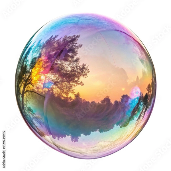 Fototapeta Vibrant soap bubble reflects beautiful sunset with colorful hues and silhouettes of trees creating serene atmosphere