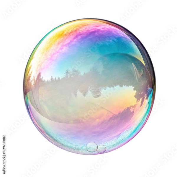 Fototapeta Colorful soap bubble reflects serene landscape with vibrant hues and dreamy atmosphere, capturing essence of joy and wonder