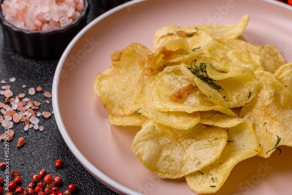 Obraz Crisps fried with salt, spices and garlic. Cooked potatoes