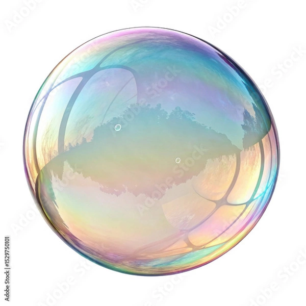 Fototapeta Colorful soap bubble reflects serene landscape, showcasing vibrant hues and delicate patterns that evoke sense of wonder and joy