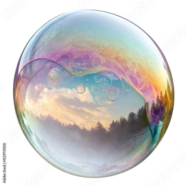 Fototapeta Colorful soap bubble reflects serene landscape with trees and vibrant sky, creating magical and dreamy atmosphere