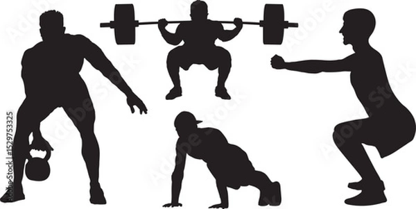 Fototapeta Vector silhouettes of athletes performing kettlebell lifts, squats, push-ups, and weightlifting exercises. Perfect for fitness, gym, and workout designs, men silhouette isolated on white background.