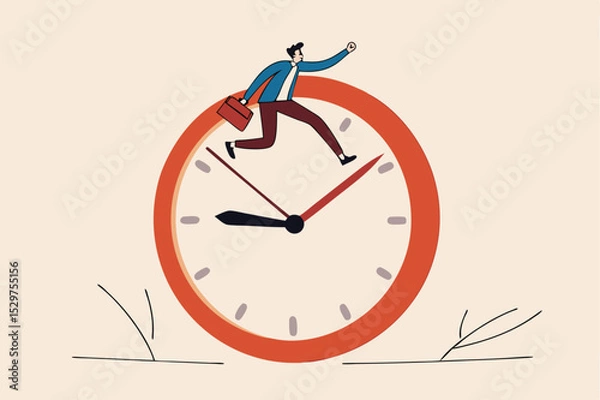 Fototapeta Work efficiency, time management to help finish multitasking work or smart productivity concept, confident businessman holding suitcase jumping on clock hands metaphor of time management.