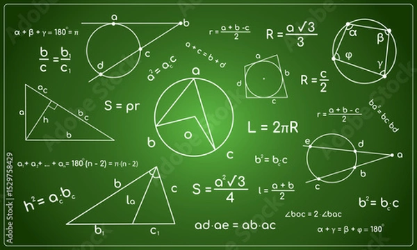Fototapeta Math geometry formulas on green chalkboard vector illustration
